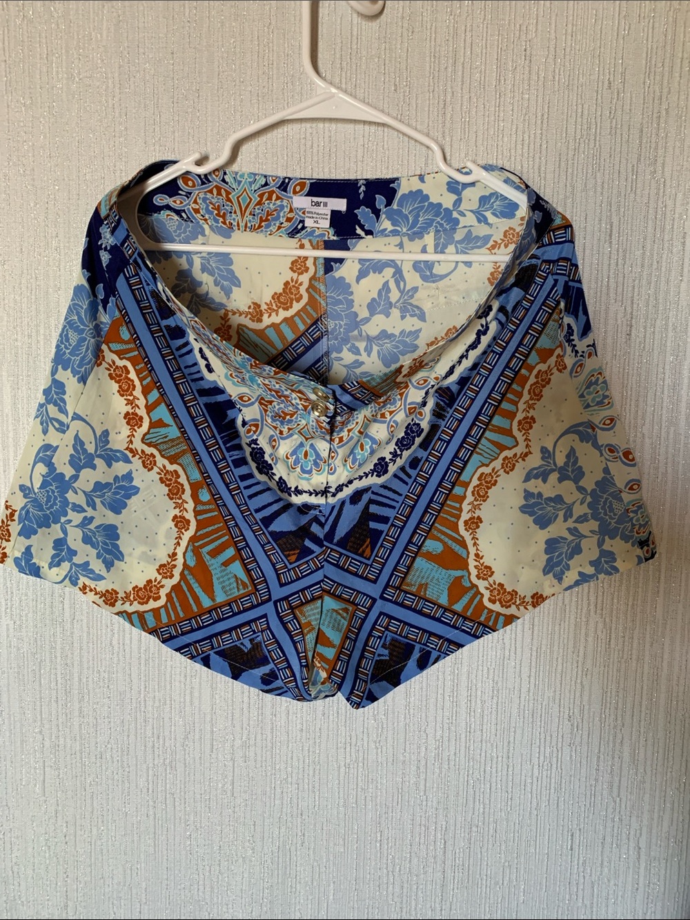 Bar III- High Waisted- Daisy Blue, Cream & Brown Printed Shorts- Tropical Vaca